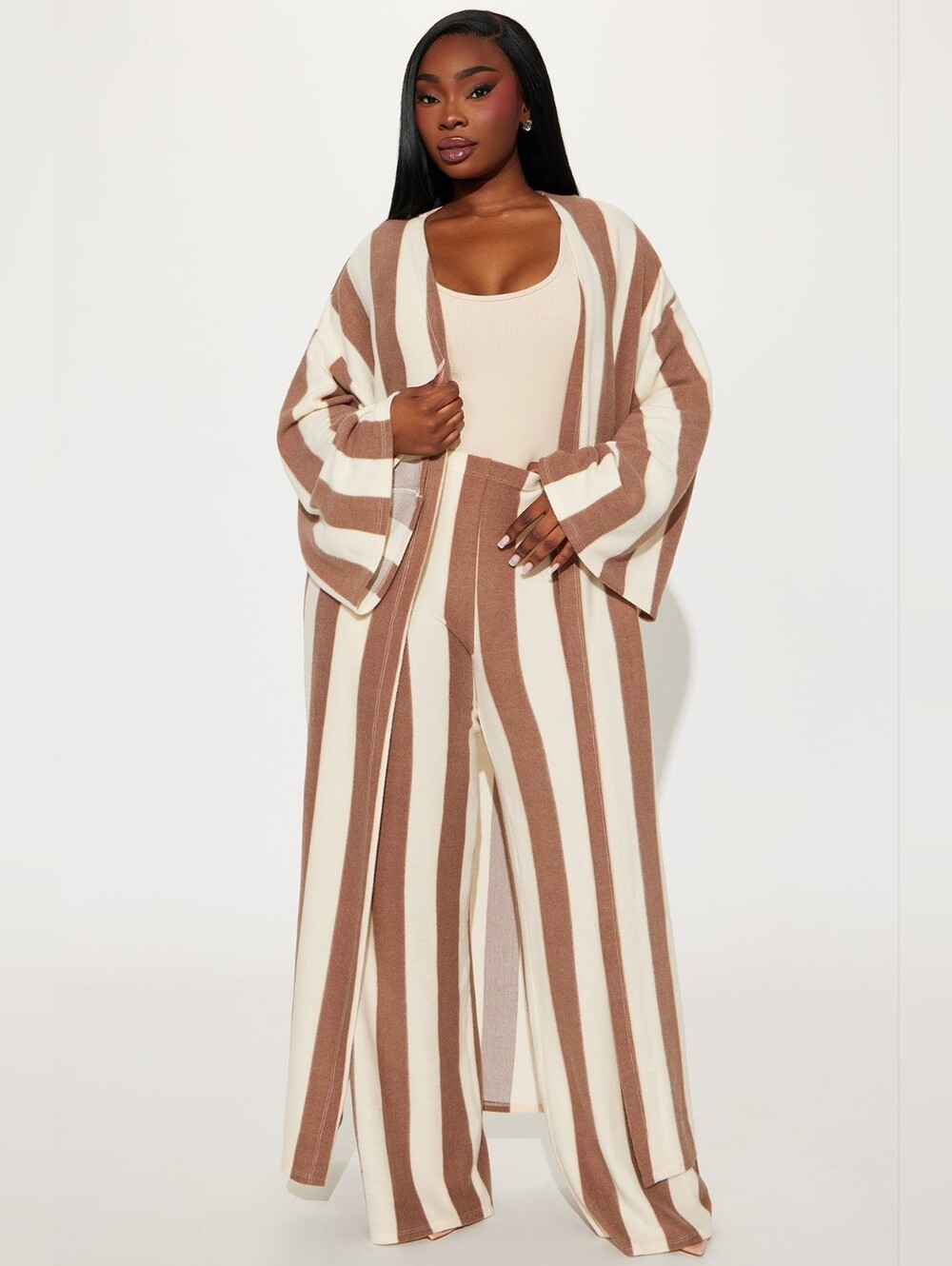 Fashion Nova STEPH Striped Pants Set Brown & Cream Wide-Leg Knit SZ LG - Picture 1 of 8